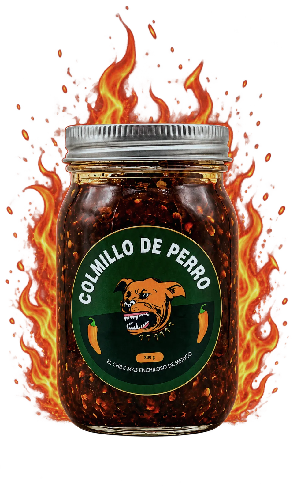 Frasco de Salsa macha Colmillo de Perro rodeado de llamas